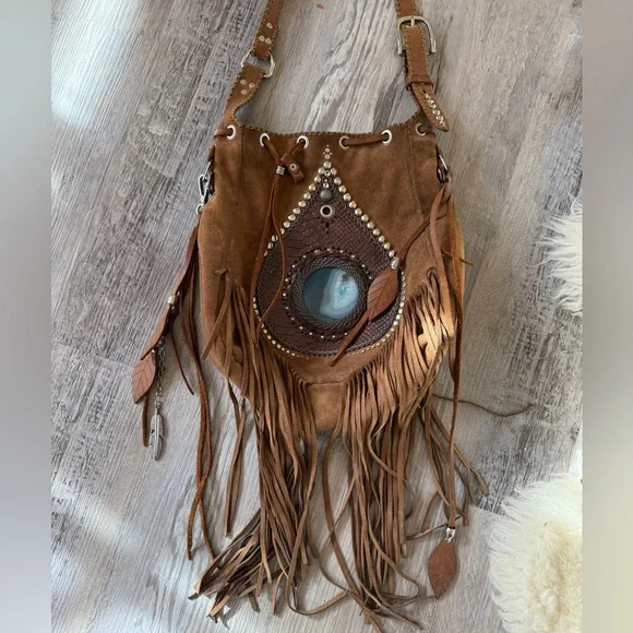 Handmade suede Bohemian agate Fringe crossbody Bag - Picture 2 of 5